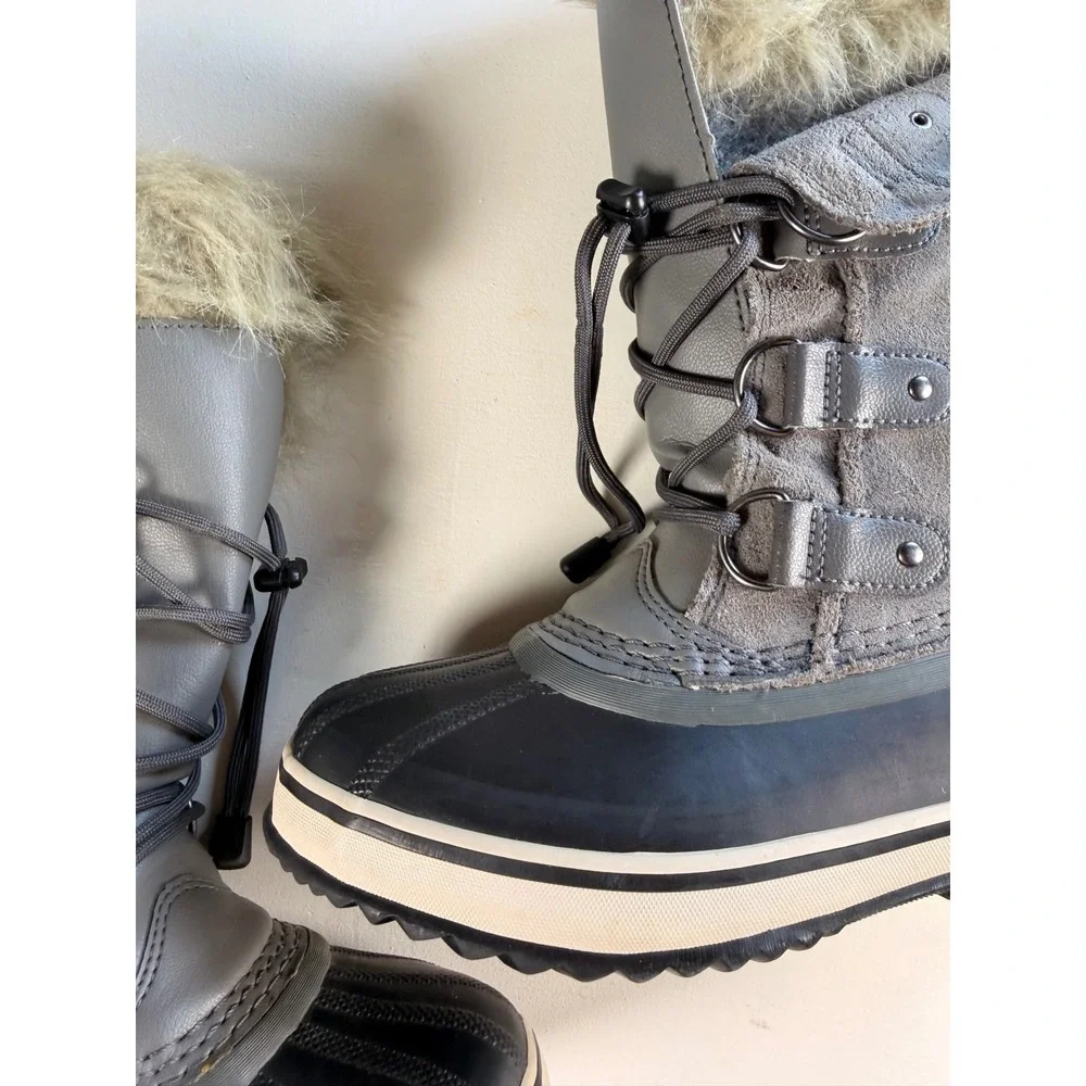 Sorel Joan of Arctic Snow Boots Women Gray Excellent Waterproof Faux Fur Suede